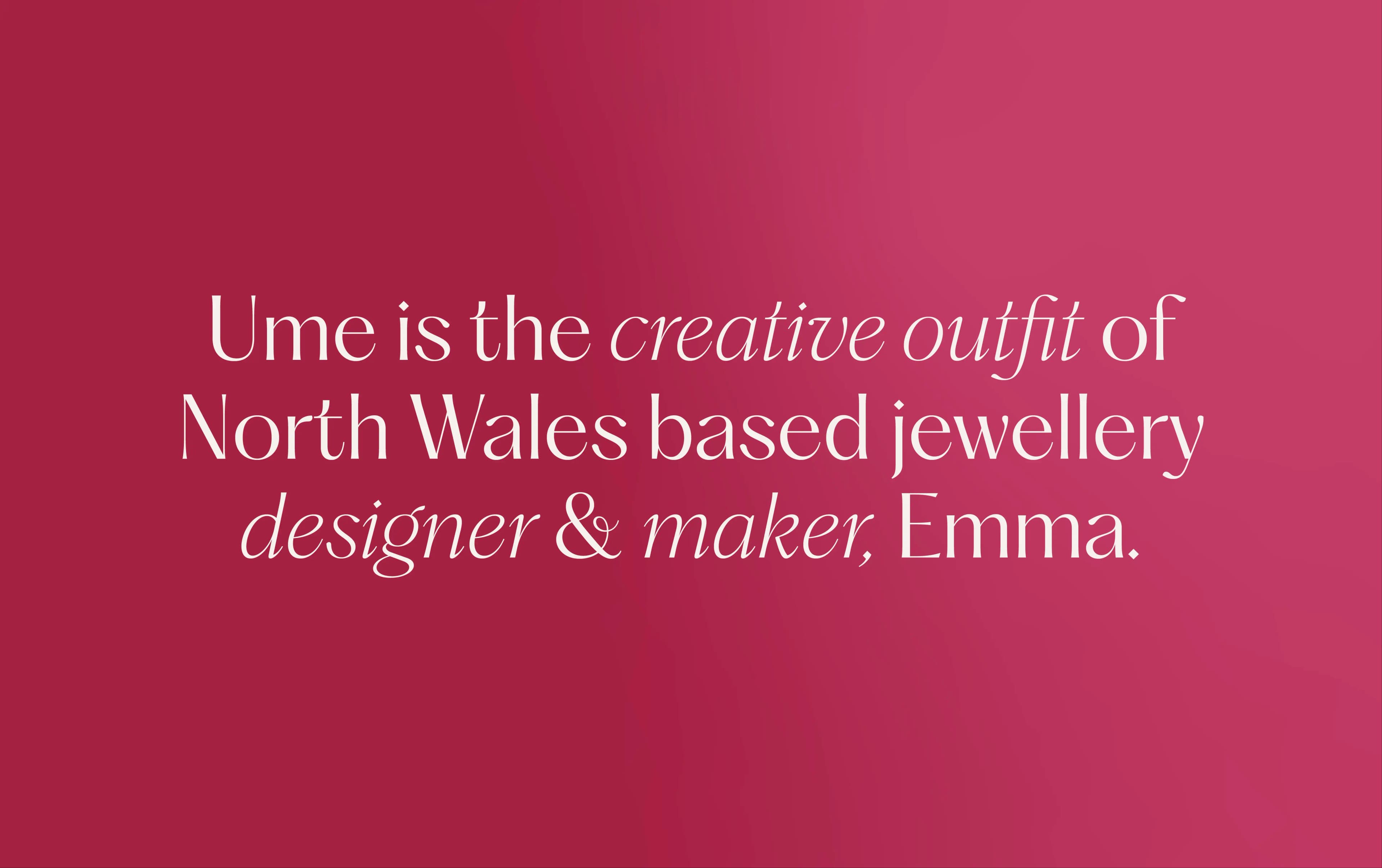A card over a mauve background with some text describing the nature of the business and where the jewellery designer is based.